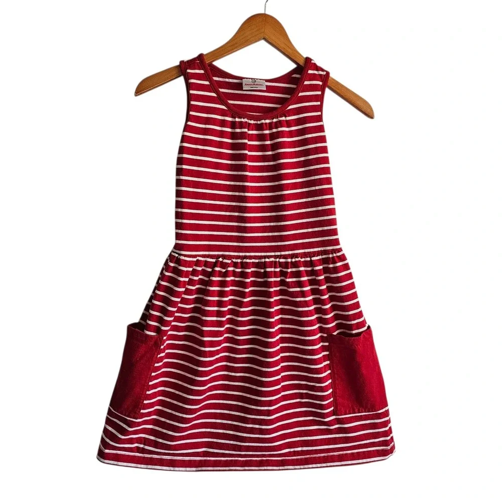 Hanna Andersson Striped Dress‎ Sleeveless Casual Pockets Red White Size 150